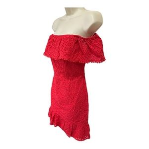 ⭐️ MACY’S - RED COTTON LACE MIDI OFF SHOULDER DRESS- SIZE 11 ⭐️
